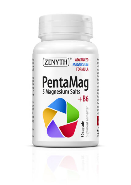 PentaMag, 5 săruri de magneziu + B6, pentru energie, sănătatea inimii și a sistemului nervos. Reduce oboseala și extenuarea. 30 capsule