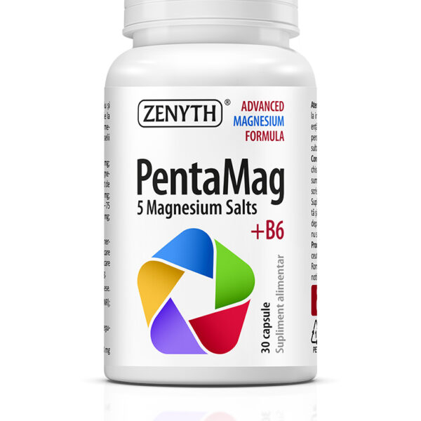 PentaMag, 5 săruri de magneziu + B6, pentru energie, sănătatea inimii și a sistemului nervos. Reduce oboseala și extenuarea. 30 capsule