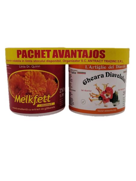 Pachet Avantajos Melkfett Cremă Gălbenele și Vitamina E 250 ml+Gel Răcire Gheara Diavolului 250ml