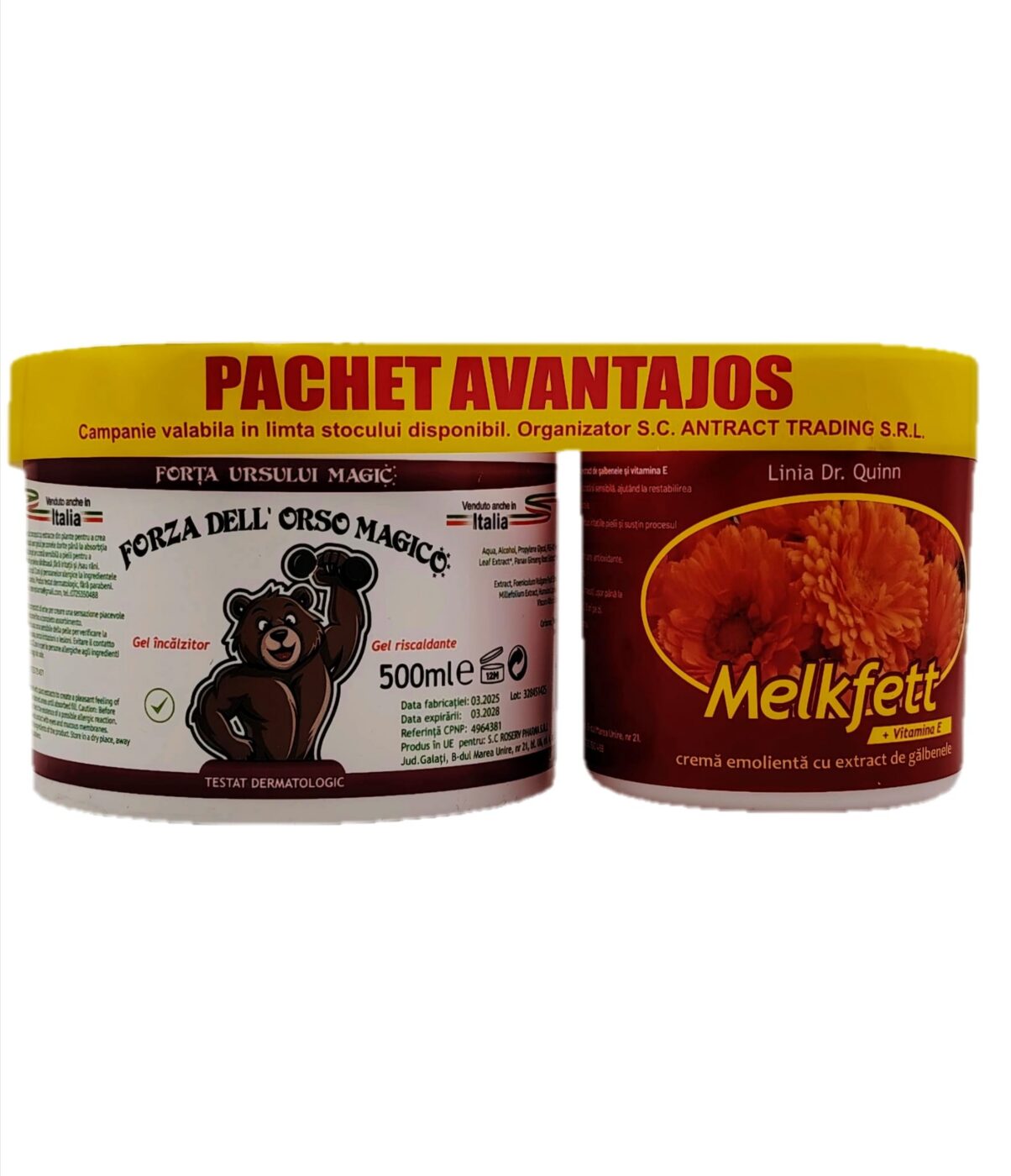 Pachet Avantajos Gel Încălzitor Forța Ursului Magic 500ml+Melkfett Cremă Gălbenele și Vitamina E 250 ml