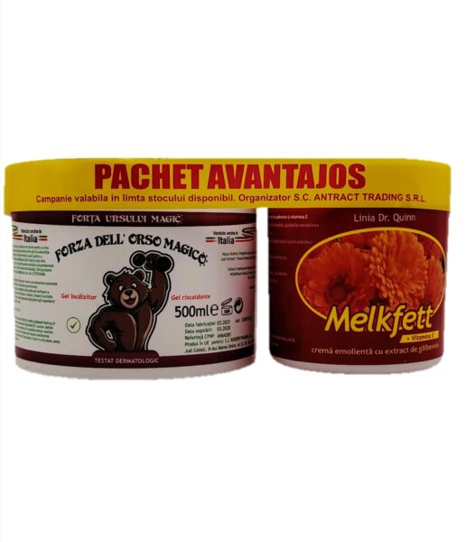 Pachet Avantajos Gel Încălzitor Forța Ursului Magic 500ml+Melkfett Cremă Gălbenele și Vitamina E 250 ml