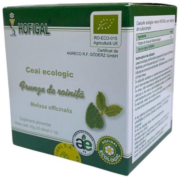 Ceai ecologic din frunze de roiniță, 25 plicuri, Hofigal