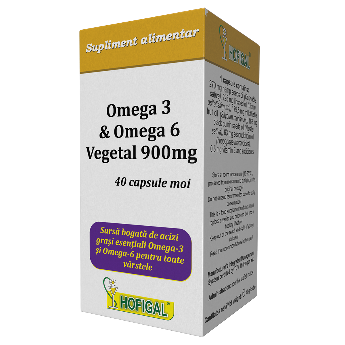 Omega 3 și Omega 6 Vegetal 900 mg, 40 capsule moi, Hofigal